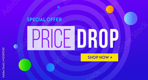 Price drop banner design. Low price poster, cheap vector template. Price drop falling prices and Business downturn, financial debt, banner sale schedule 