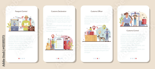 Customs officer mobile application banner set. Passport control