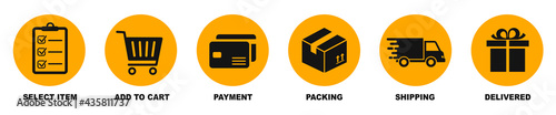 Concept of shopping process with 6 successive steps. Order parcel processing bar, ship, delivery signs for express courier delivery. Order delivery status, post parcel package tracking icons photo