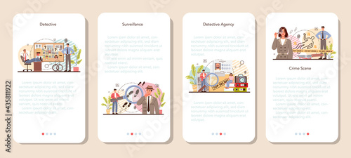 Professional detective mobile application banner set. Agency investigating