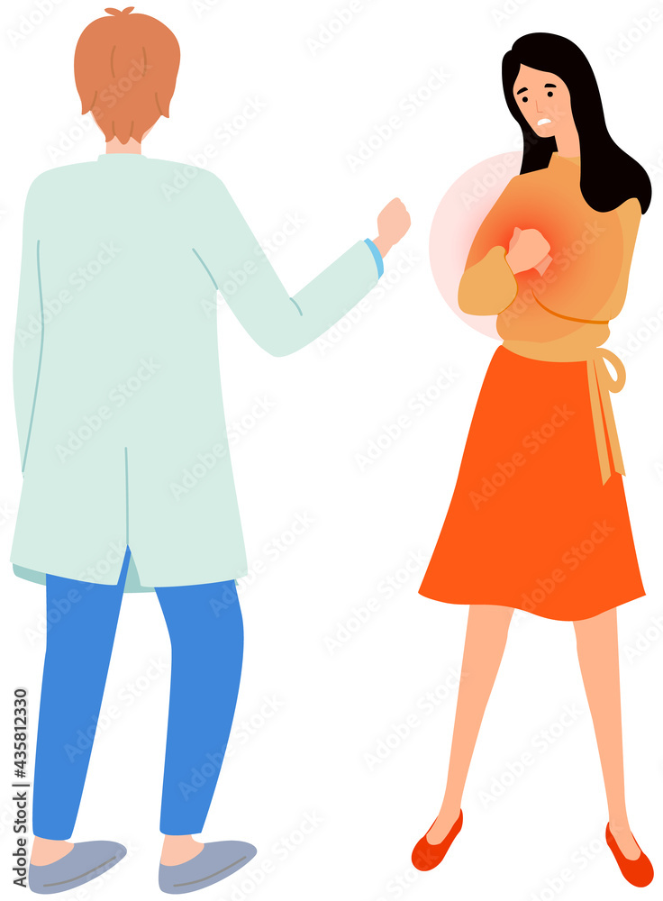 Sick woman with heart attack in consultation with doctor. Medical specialist consults patient with problems with cardiovascular system. Girl complains to physician about heart problem and pain Sick woman with heart attack in consultation with doctor. Medical specialist consults patient with problems with cardiovascular system. Girl complains to physician about heart problem and pain