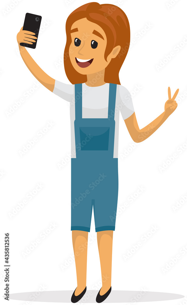Girl is smiling and taking selfie. Child is photographed on phone camera. Kid with smartphone is posing for self portrait photo. Female character making selfie photo isolated on white background Girl is smiling and taking selfie. Child is photographed on phone camera. Kid with smartphone is posing for self portrait photo. Female character making selfie photo isolated on white background