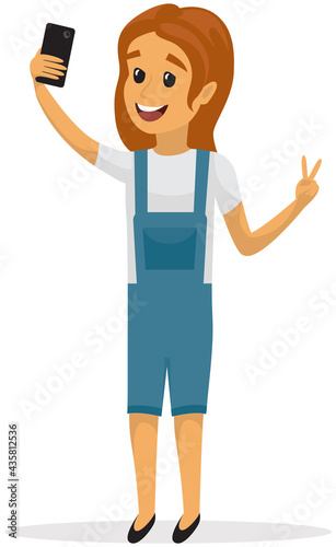 Girl is smiling and taking selfie. Child is photographed on phone camera. Kid with smartphone is posing for self portrait photo. Female character making selfie photo isolated on white background