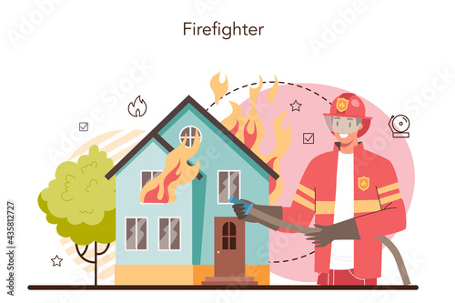 Firefighter concept. Professional fire brigade fighting with flame.