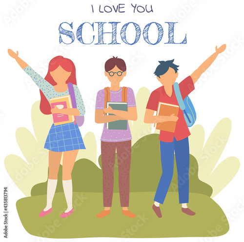 Group of teen pupils, happy friends classmates. School boys and girl students with backpacks and books, schoolchildren portrait. Student pupil teens studying and learning together in lovely school