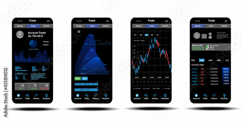 Modern tranding platform. App on your smartphone with stock market graph UI, UX, exchange rates and bitcoin growth. Forex market, binary stock, trading chart