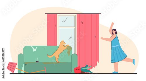 Woman angry with mess made by dog. Female character screaming at pet. Ruined furniture and curtains. Broken down lamp and plant. Keeping domestic animals concept for banner, website or landing page