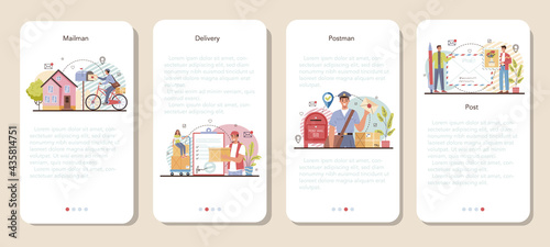 Postman mobile application banner set. Post office staff providing mail