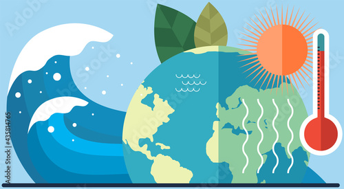 Overheating of surface of Earth and global warming concept. Climate change on planet. Sun heats surface of planet. Rising water levels on Earth lead to tsunami. Huge wave heading towards globe