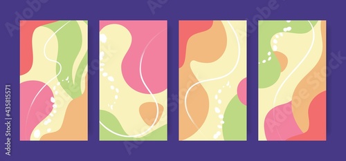 Vector set of abstract creative backgrounds in minimal trendy style. Design covers for social media stories in soft pastel shades. Pink, yellow, green, orange, green colors.