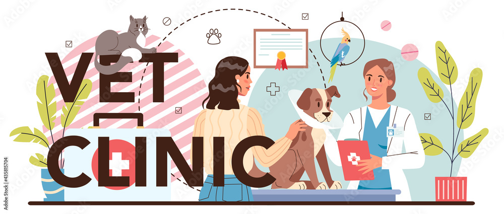 Vet clinic typographic header. Veterinary doctor checking and treating animal. Vet clinic typographic header. Veterinary doctor checking and treating animal.