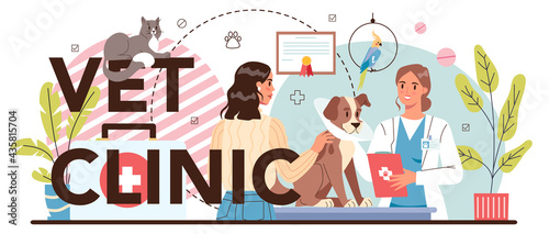 Vet clinic typographic header. Veterinary doctor checking and treating animal.