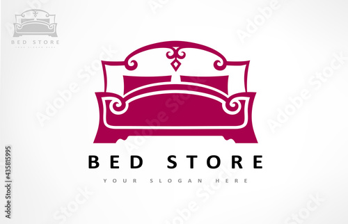 Bed store. Bed with pillows logo vector design.