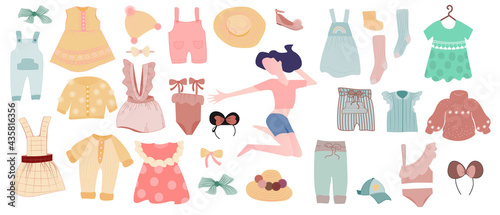 Girl clothes. Childish female fashionable apparel collection. A collection of children's clothing for decorating a child's nursery. A set of summer collection of fashionable clothes for girls