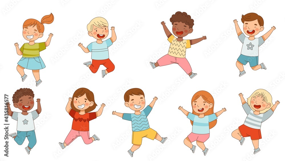 Elated Children Jumping with Joy Expressing Excitement and Happiness Vector Set Elated Children Jumping with Joy Expressing Excitement and Happiness Vector Set