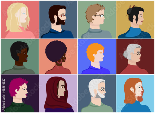 A set of people's faces in profile: men, women, young and elderly of different races and nations. Diversity. Avatars. Vector flat Illustration..