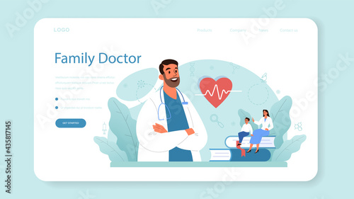 Family doctor web banner or landing page. Healthcare, modern medicine