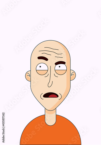 A cartoon male character with a thoughtful expression on his face. A grown man in an orange T-shirt. Flat vector illustration.