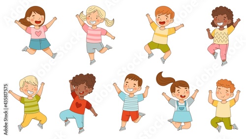 Elated Children Jumping with Joy Expressing Excitement and Happiness Vector Set