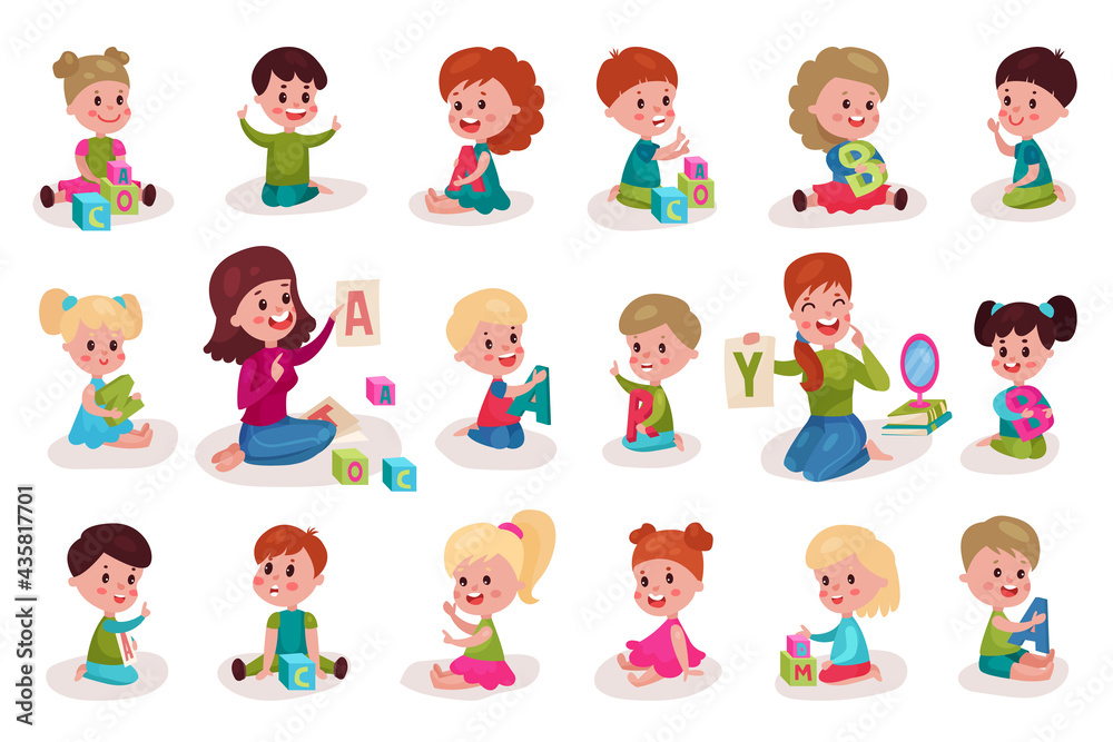 Young Woman Teaching and Kid Learning Alphabet Letters Vector Illustration Set