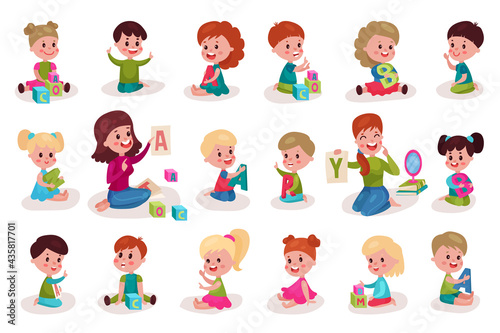 Young Woman Teaching and Kid Learning Alphabet Letters Vector Illustration Set