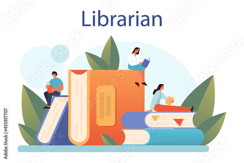 Librarian concept. Library staff cataloguing and sorting books.