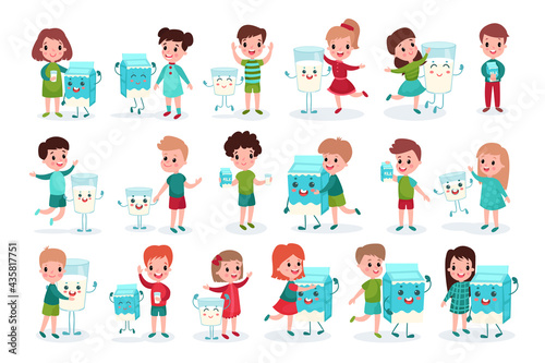 Happy Boy and Girl Characters Playing with Humanized Milk Carton and Glass Vector Illustration Set © Happypictures