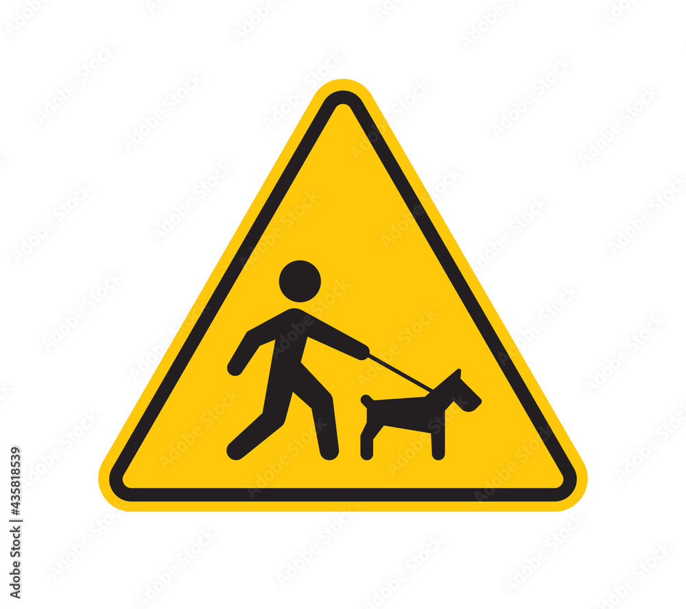 Vector yellow triangle sign - black silhouette man walking his dog. Isolated on white background.