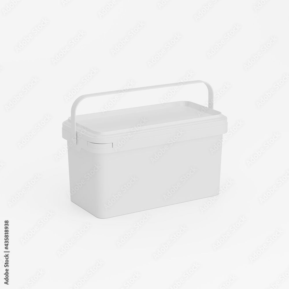 White rectangular plastic can / bucket / container with handle and no label. Perspective view, isolated on white background. White rectangular plastic can / bucket / container with handle and no label. Perspective view, isolated on white background.