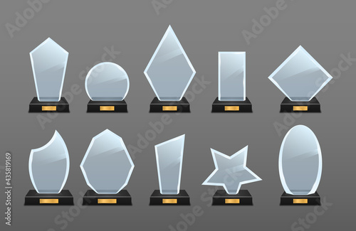 Realistic glass trophy award, golden winner prizes
