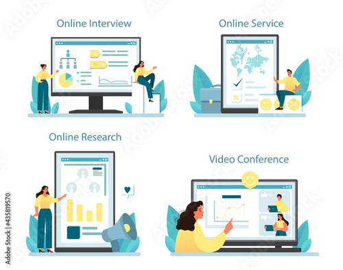 Public opinion online service or platform set. Idea of PR through mass media