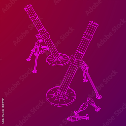 Firearm weapon army mortar and mine. Wireframe low poly mesh vector illustration