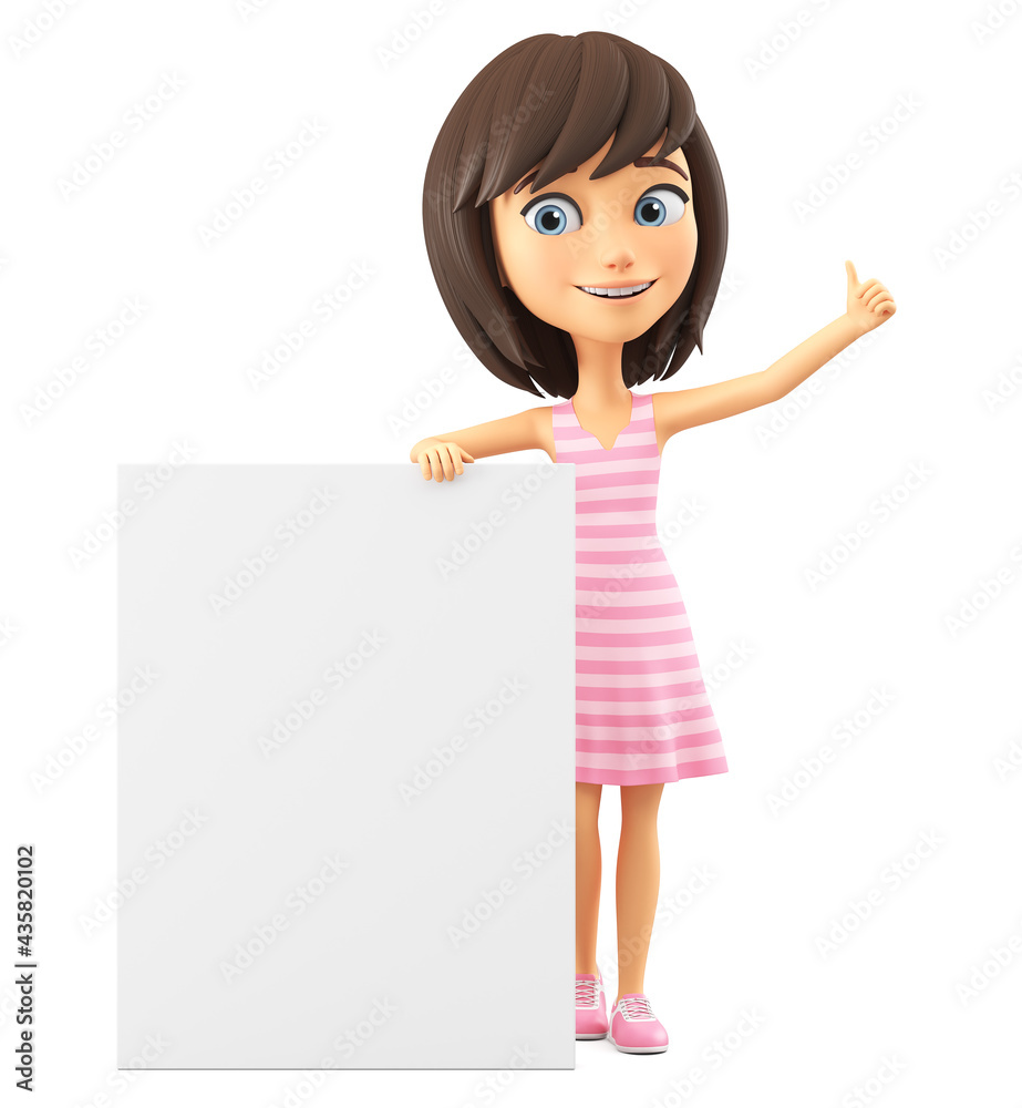 Cheerful cartoon character girl in a pink striped dress showing her thumb leaning against a white board. 3d render. Cheerful cartoon character girl in a pink striped dress showing her thumb leaning against a white board. 3d render.