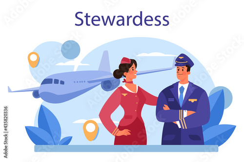 Stewardess concept. Flight attendants help passenger in airplane photo