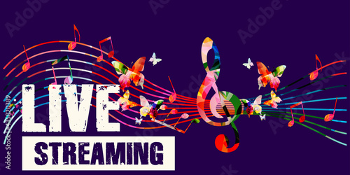 Live streaming banner for music festivals, shows and concert events. Colorful music promotional poster background with musical notes vector illustration