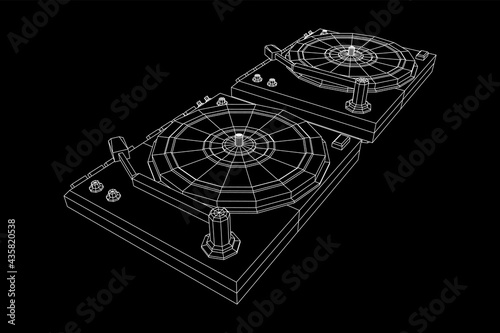 Vinyl turntable audio device. Wireframe low poly mesh vector illustration.