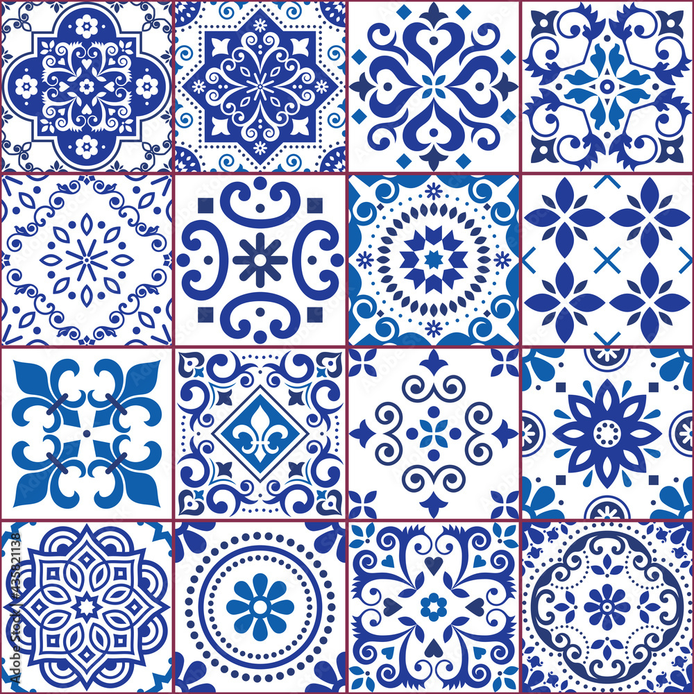 Portuguese and Spanish azulejo tiles seamless vector pattern collection in navy blue and white, traditional floral design set inspired by tile art from Portugal and Spain
 - obrazy, fototapety, plakaty 