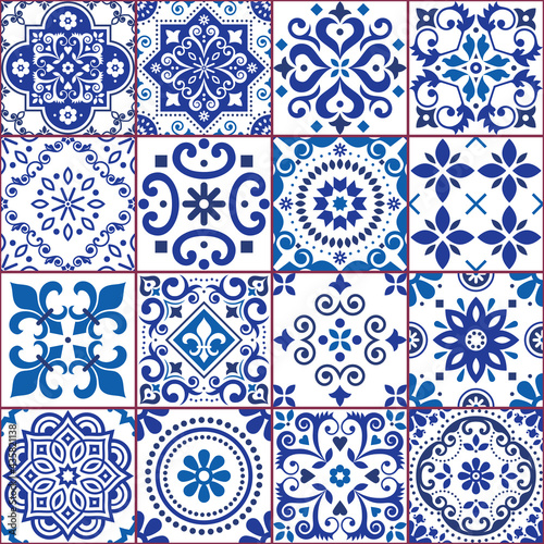 Portuguese and Spanish azulejo tiles seamless vector pattern collection in navy blue and white, traditional floral design set inspired by tile art from Portugal and Spain
 photo