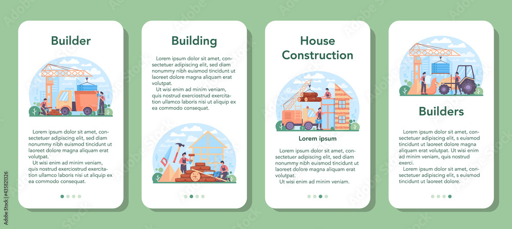 House building mobile application banner set. Workers constructing home House building mobile application banner set. Workers constructing home