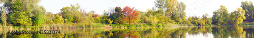 Panoramic view of the autumn forest with yellow and red foliage and a beautiful lake against the background of light sky
