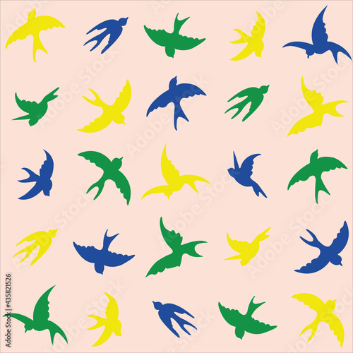 Colorful silhouettes of flying birds seamless pattern on a beige background  colorful pattern