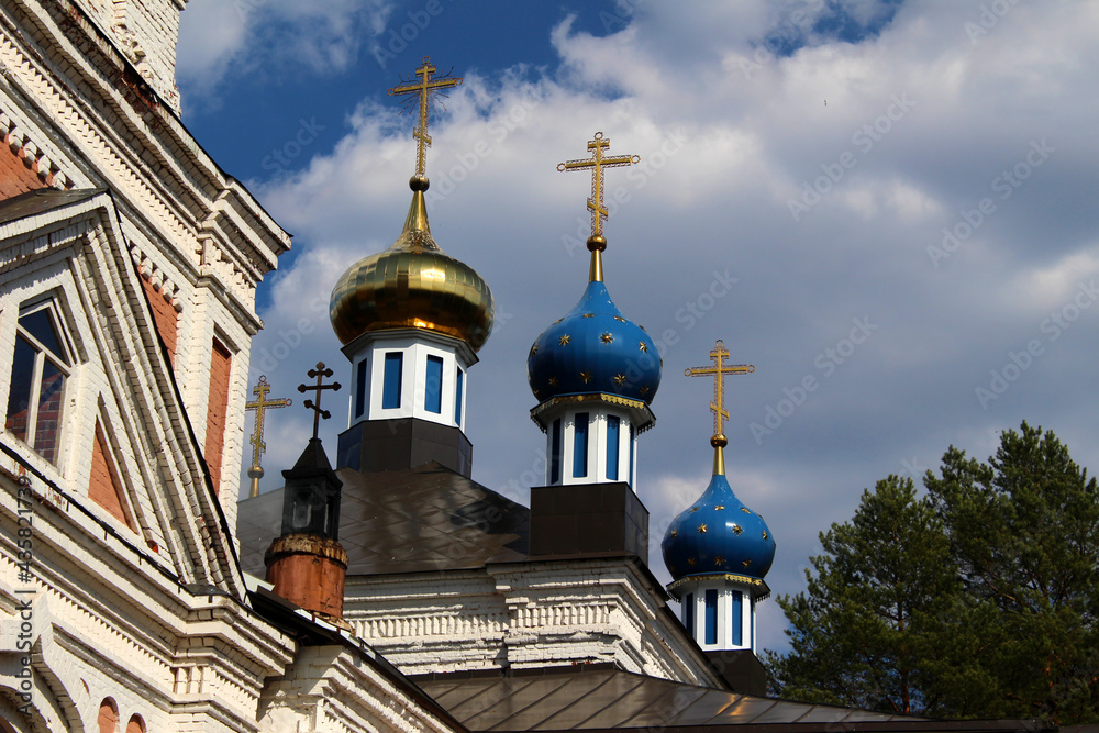 Fototapeta premium Domes of the Russian orthodox church in Zarechye village, Moscow Region, Central Russia 