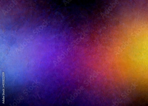 Colorful paint stained grunge texture of unevenness surface. Blue purple red yellow gradient on old wall empty background. Abstract material illustration.