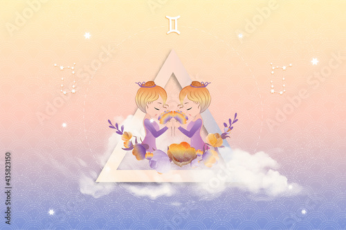 Gemini horoscope sign in twelve zodiacs with astrology. Vector illustration