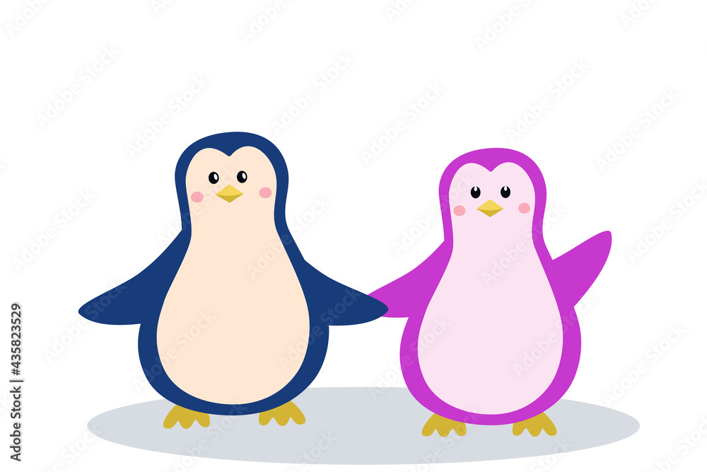 Two cute penguin, boy and girl hold hands vector illustration of a cartoon sea animal isolated on white.
