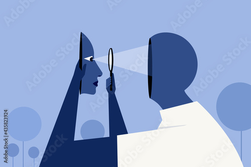 Conceptual illustration of a person holding a section of his face and looking in to his brain through a magnifying glass