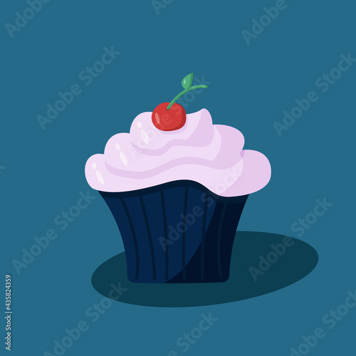 Vector illustration of a sweet dessert cupcake with berry cream and cherries.