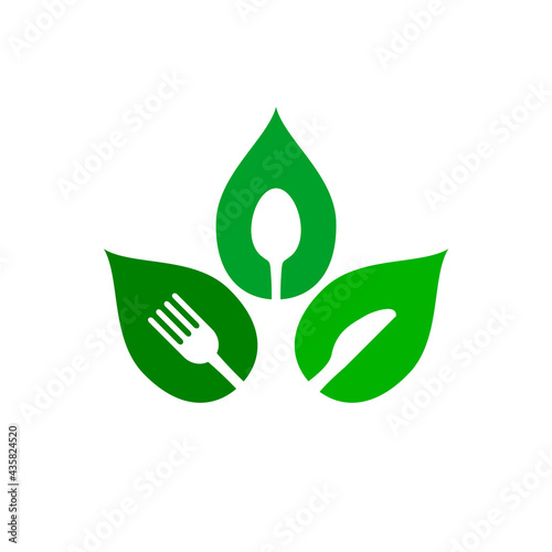 Vegan food logo. Fork, knife, spoon inside green leaf. Healthy vegetarian diet icon. Fruits and vegetables nutrition. Healthy eating idea. Organic farming symbol. Vector illustration, flat, clip art.