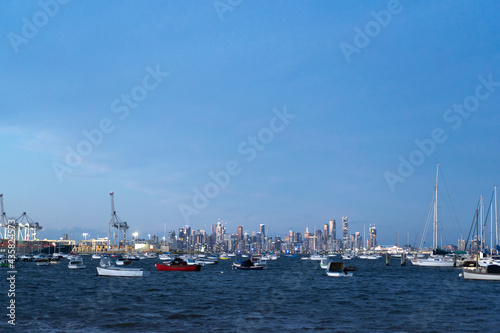 Evening view of Williamstown Melbourne Victoria Ports and Harbours Fisherman Boats with Melbourne city as a background. 
