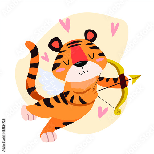 Fototapeta Naklejka Na Ścianę i Meble -  Children's vector illustration of a cute tiger cub angel cupid with bow and arrow in cartoon style. year of the tiger Valentine's Day. The 14th of February. greeting card. postcard